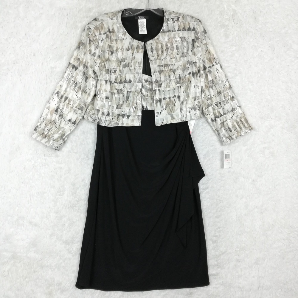 MSK Womens Dress Two Piece Jacket‎ Set Black Ruched Bolero Geometric 10 New